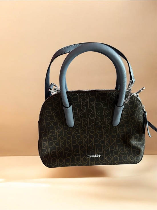Calvin Klein Handbags - Calvin Klein Hudson Signature Monogram Top-Zip Domed Satchel Bag - Brown/Blue